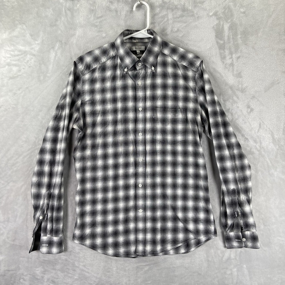 Reiss Shirt men's Medium Button Down Slim Fit Gray Plaid Long Sleeve 100% Cotton